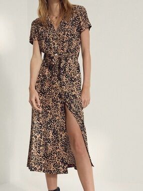 Aritzia Leopard-Print Button Midi Dress in Tan and Black